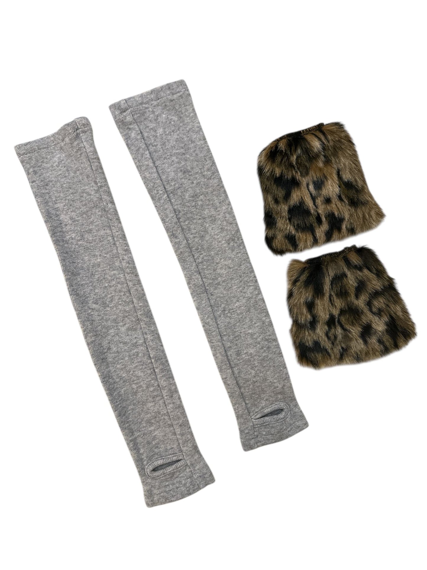Gyaru Patchwork Leopard Furry Tight Fitted Cami Top With Sleeve