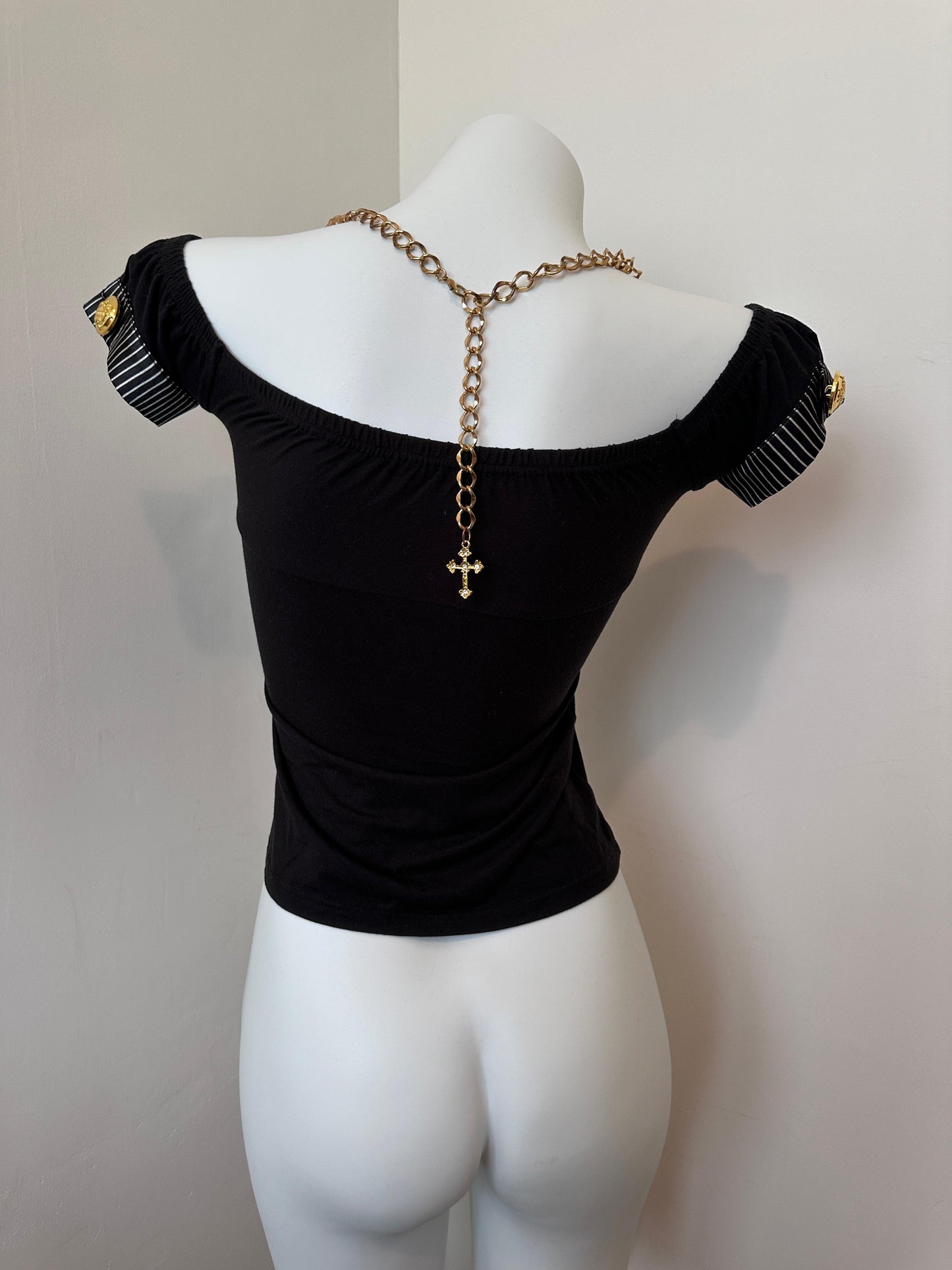 Princess GAL Fitted Black & White Striped Off-Shoulder Bow Top