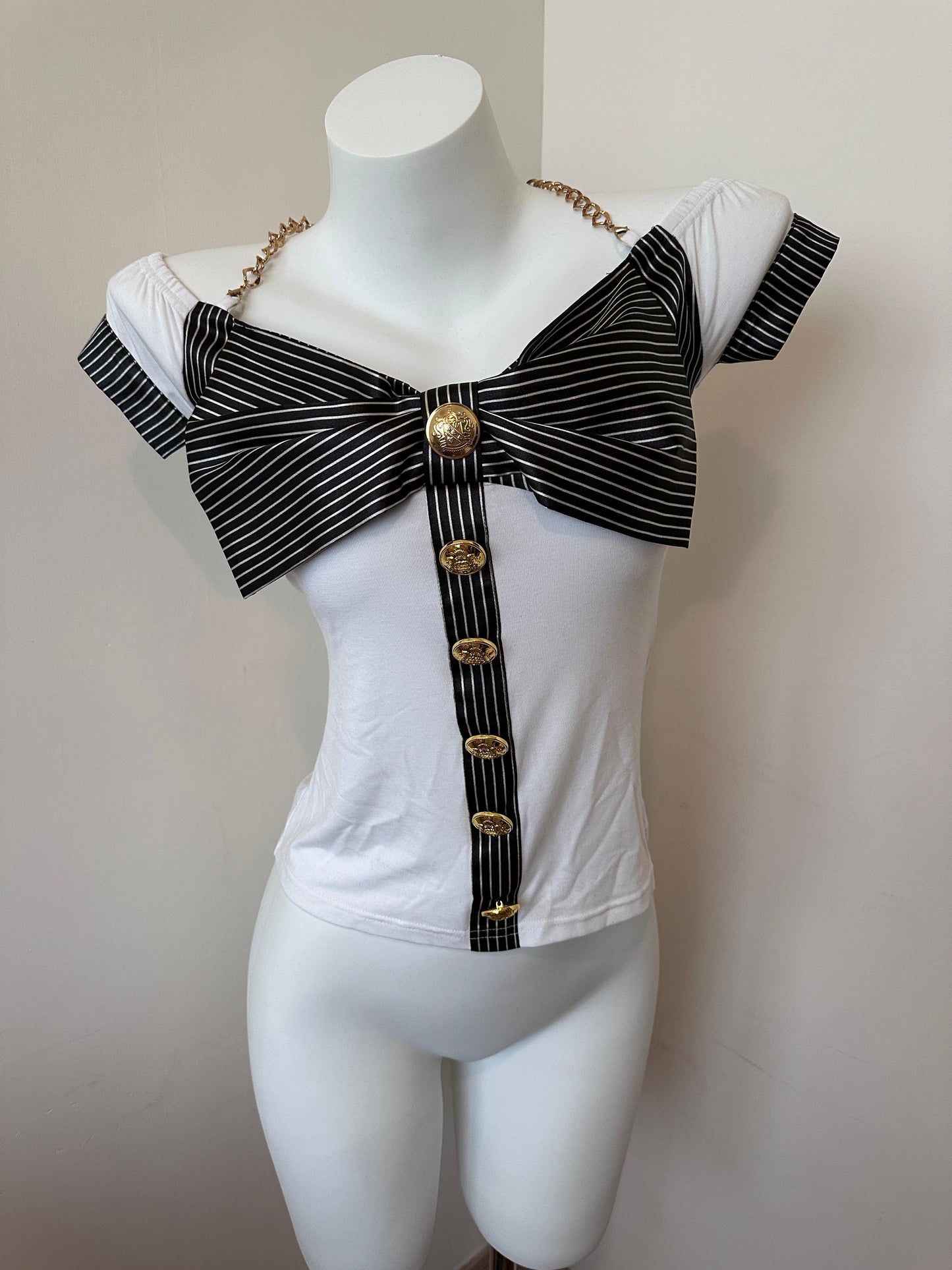 Princess GAL Fitted Black & White Striped Off-Shoulder Bow Top