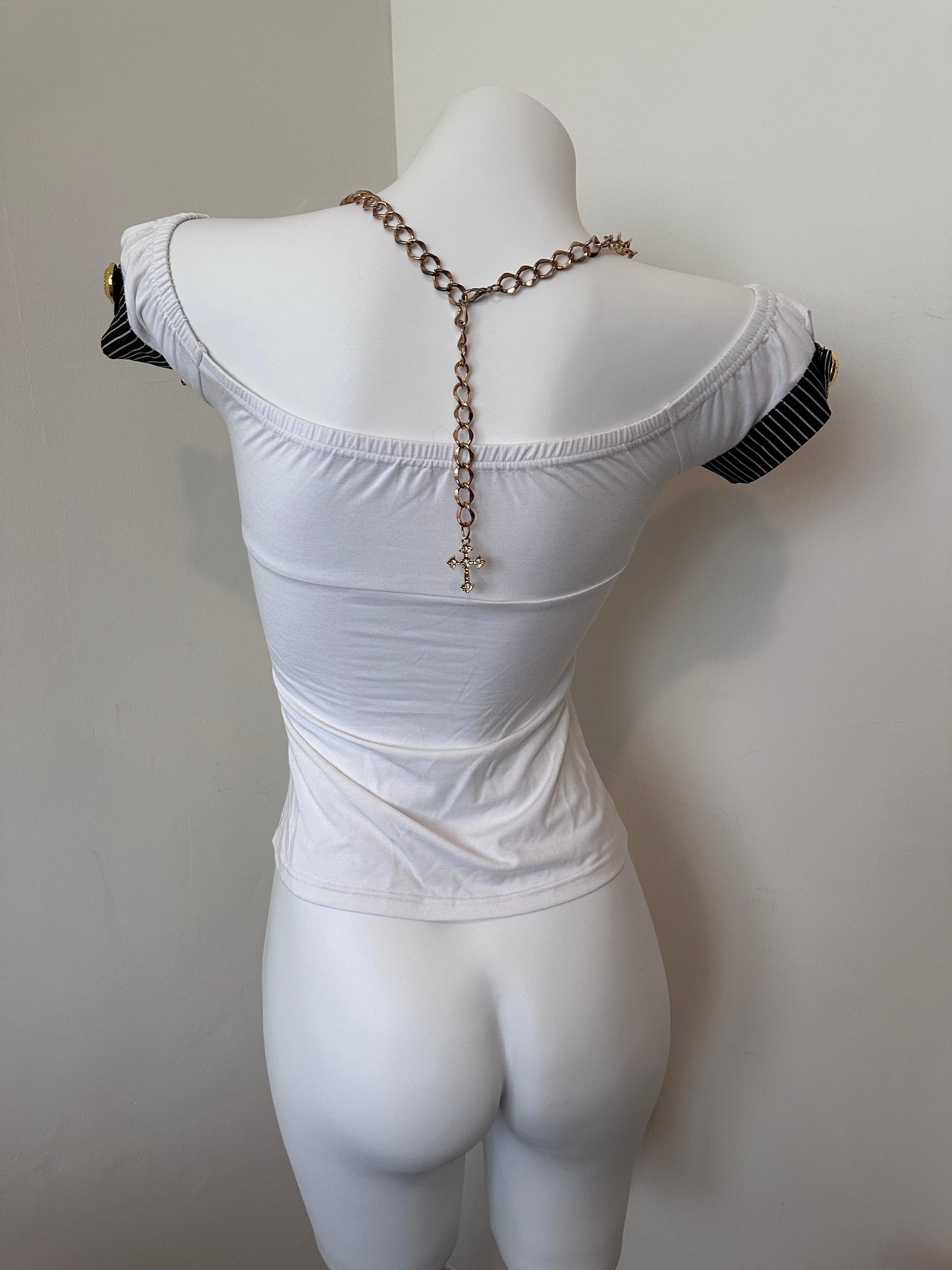 Princess GAL Fitted Black & White Striped Off-Shoulder Bow Top