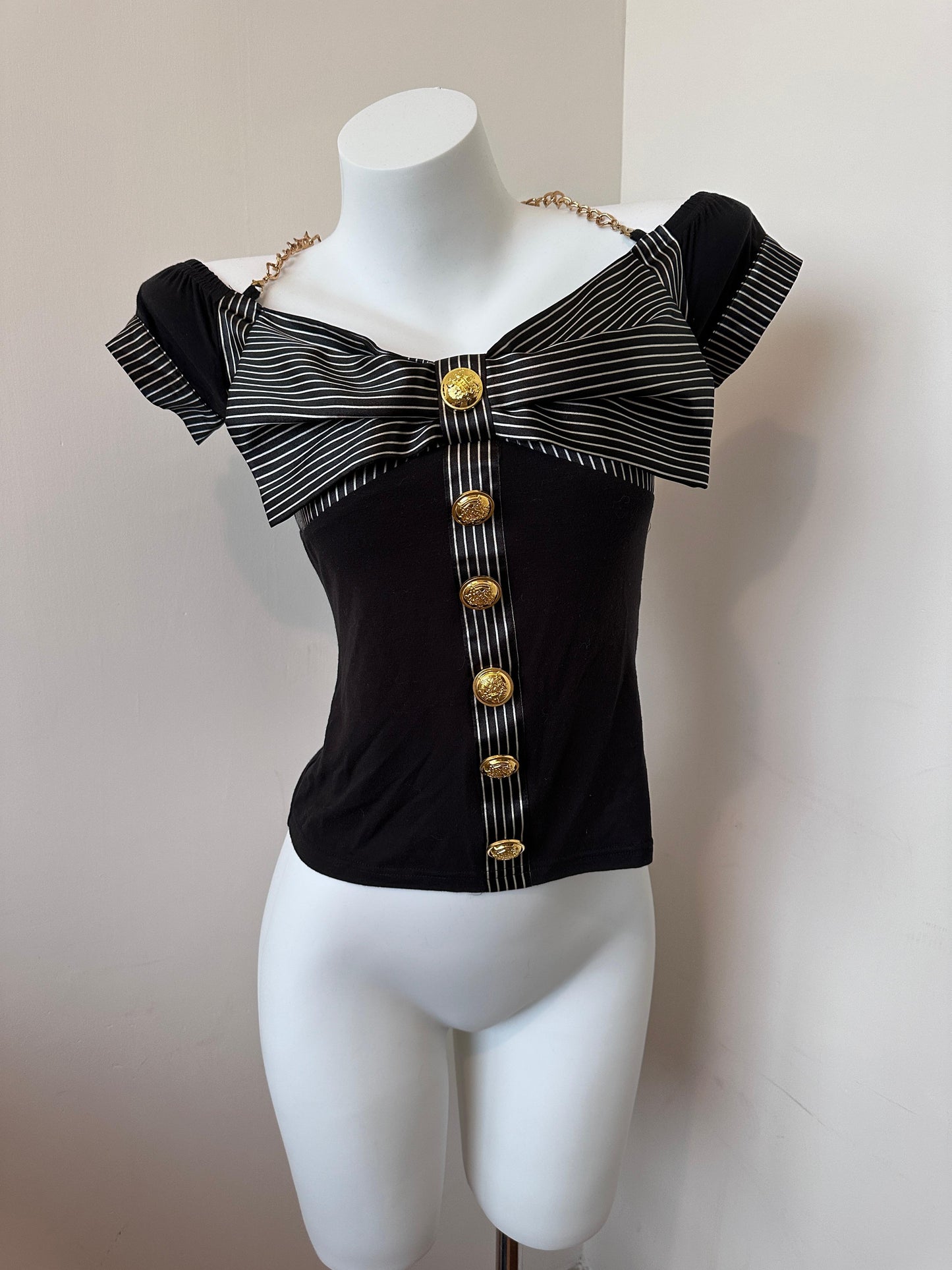 Princess GAL Fitted Black & White Striped Off-Shoulder Bow Top