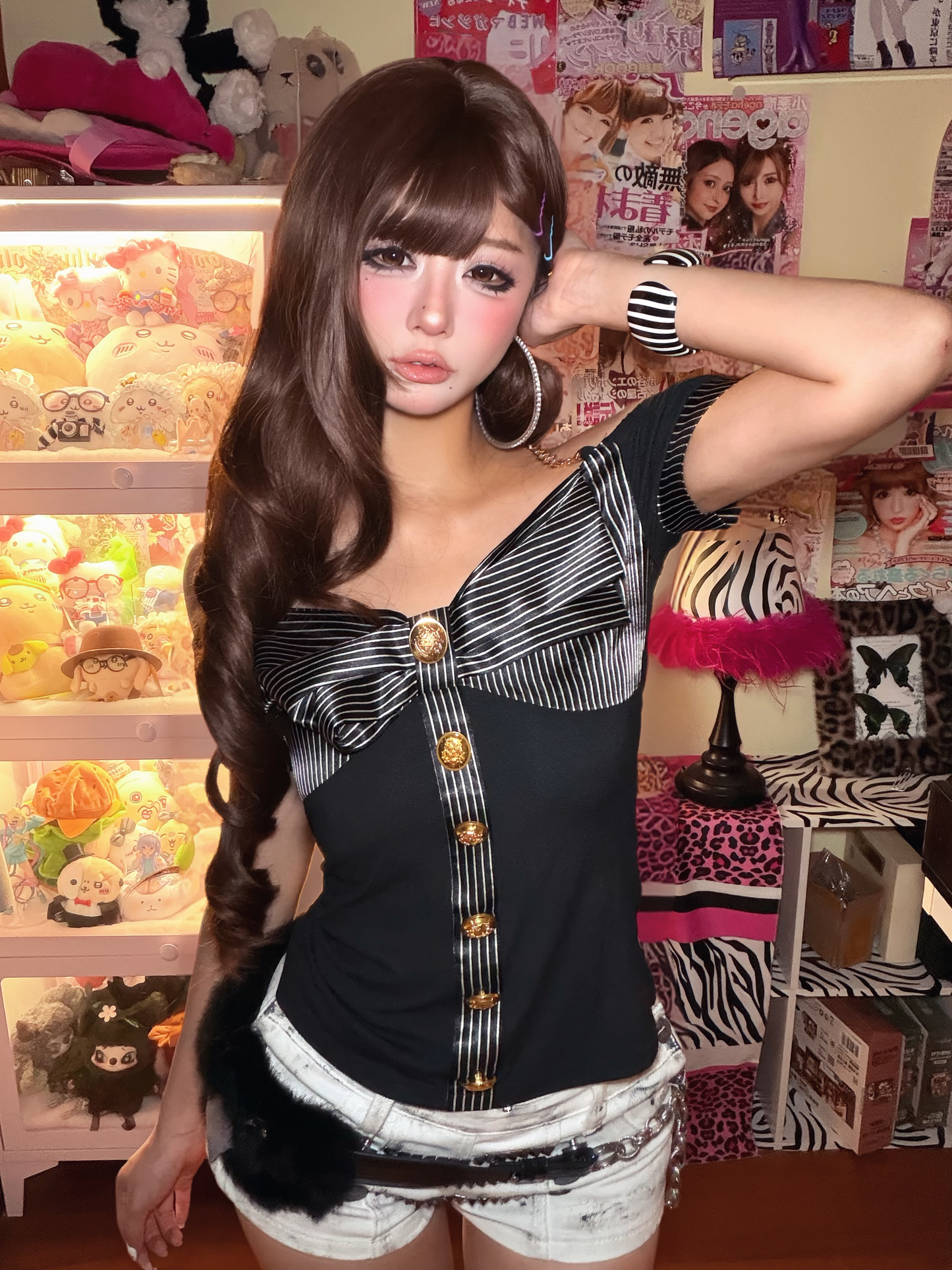 Princess GAL Fitted Black & White Striped Off-Shoulder Bow Top