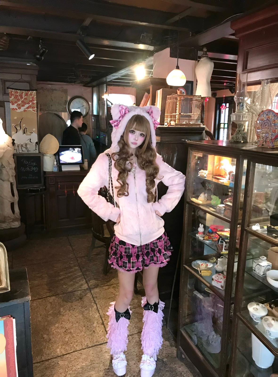 Gyaru Style Pink Plaid Cat Ear Faux Fur Jacket – Cute Princess Outerwear