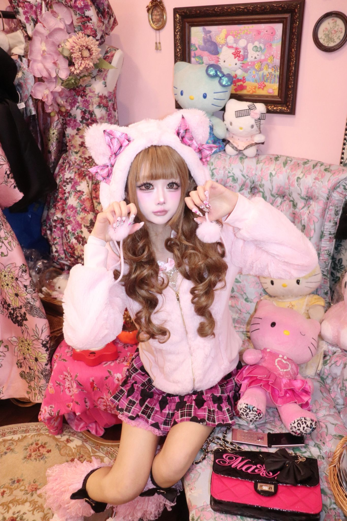 Gyaru Style Pink Plaid Cat Ear Faux Fur Jacket – Cute Princess Outerwear
