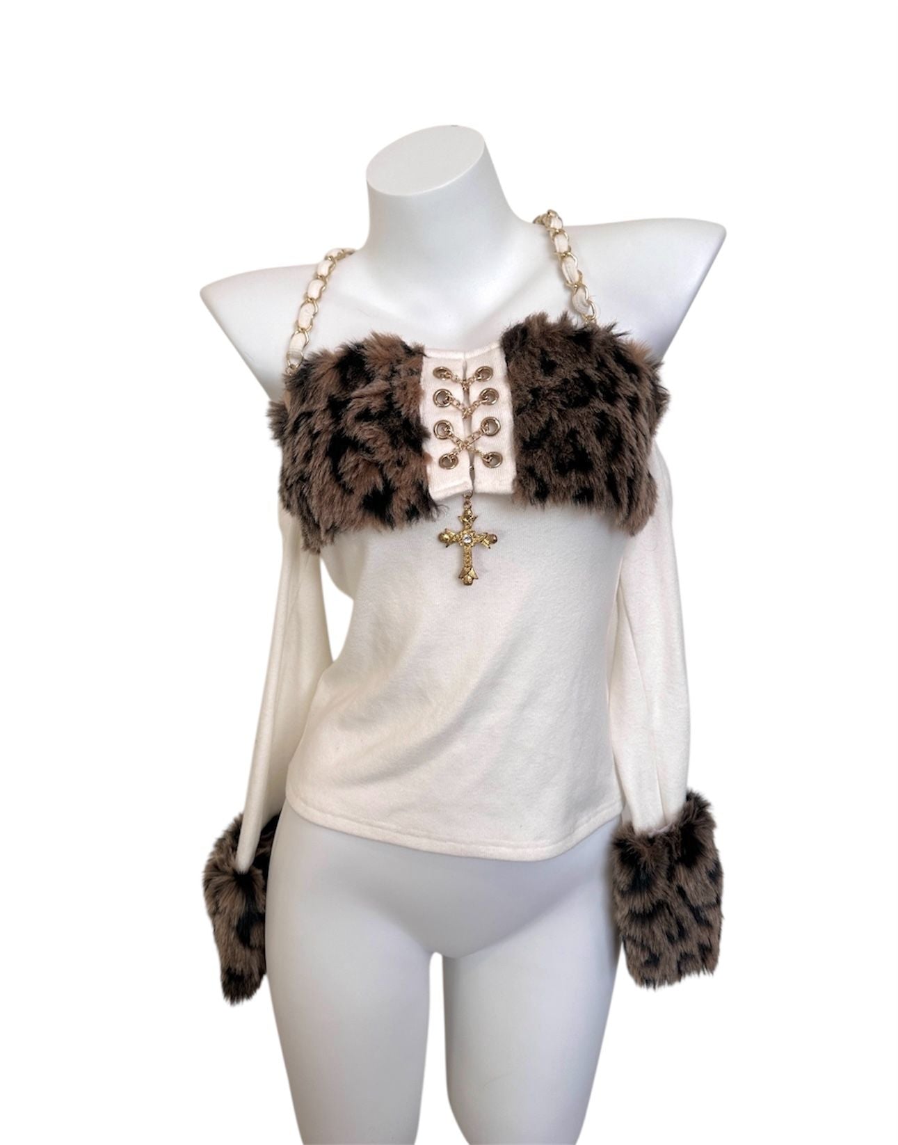 Gyaru Patchwork Leopard Furry Tight Fitted Cropped Top With Sleeve
