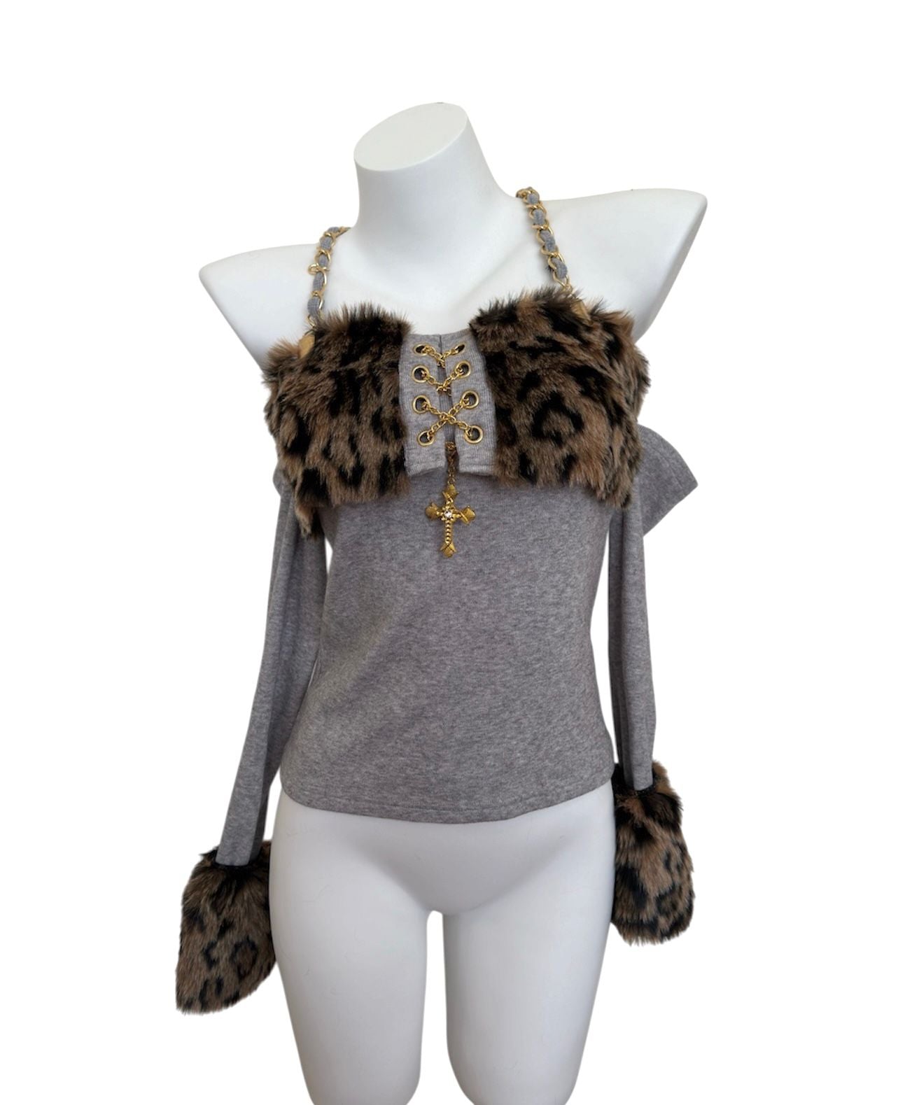 Gyaru Patchwork Leopard Furry Tight Fitted Cropped Top With Sleeve