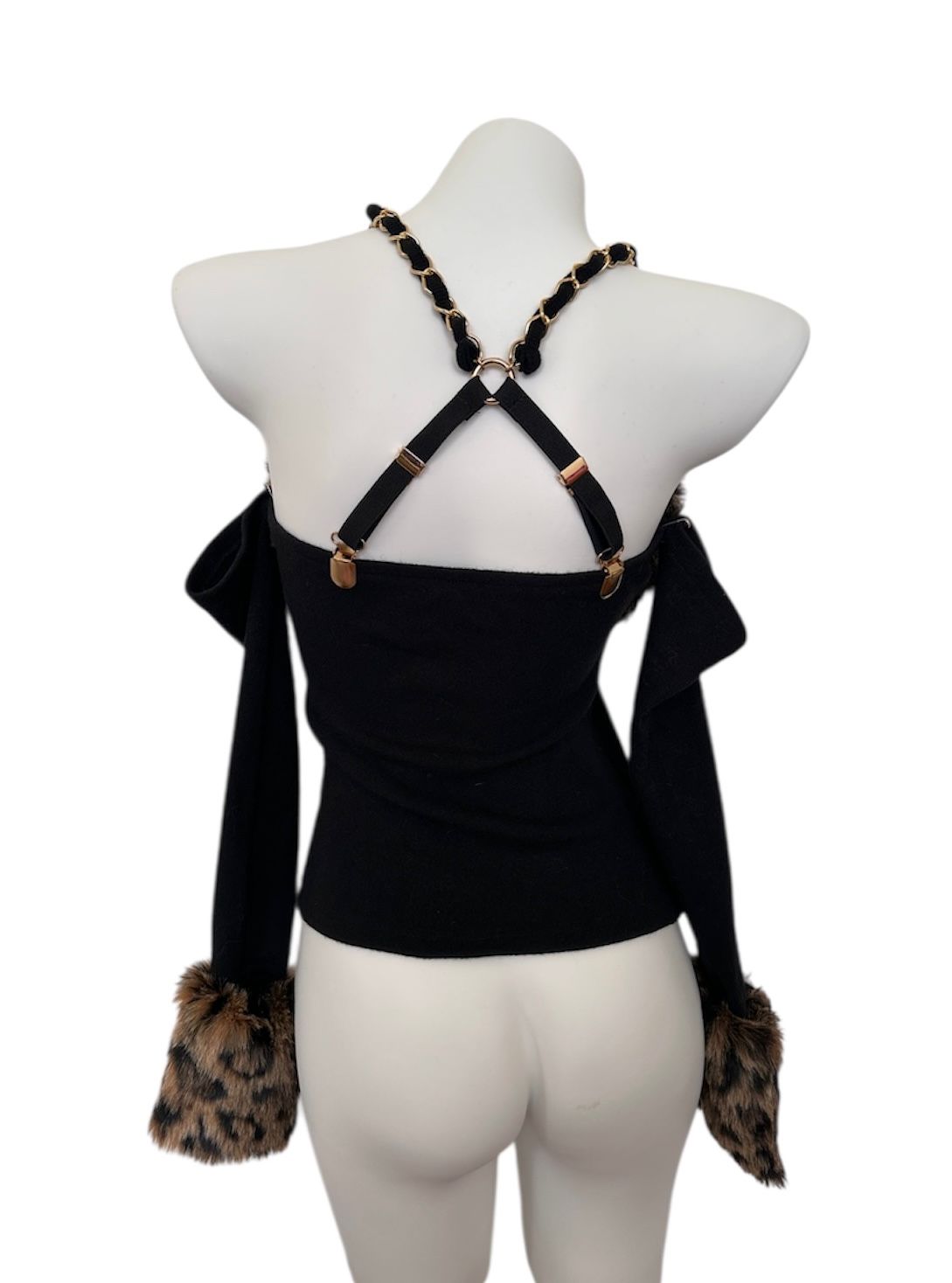 Gyaru Patchwork Leopard Furry Tight Fitted Cropped Top With Sleeve