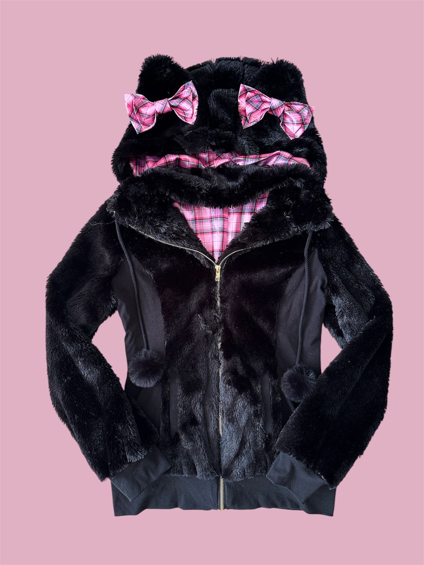 Gyaru Style Pink Plaid Cat Ear Faux Fur Jacket – Cute Princess Outerwear