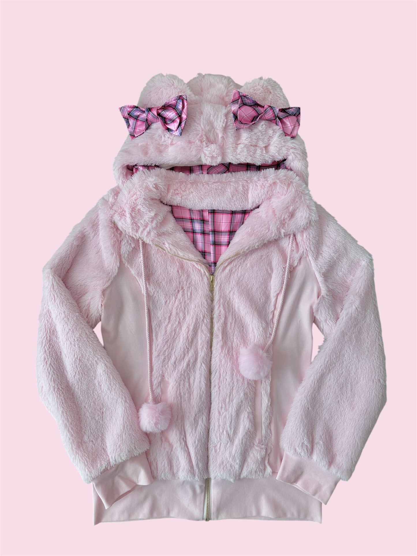 Gyaru Style Pink Plaid Cat Ear Faux Fur Jacket – Cute Princess Outerwear
